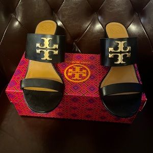 Tory Burch Gold Logo Wedge Sandals